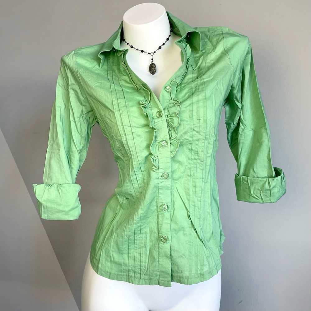 Victorian Green Ruffle Button-Up Top